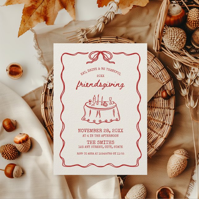 Invitación Cena amistosa Festín de Acción de Gracias hecho a  (Friendsgiving invitation - thanksgiving with friends and football - hand illustrated, drawn red)