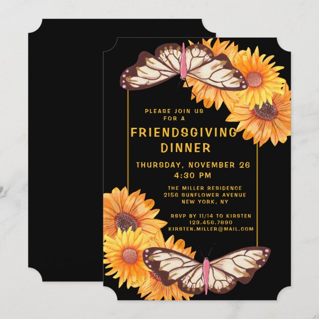 Invitación Cena amistosa Mariposa Rústica de girasoles (Anverso / Reverso)
