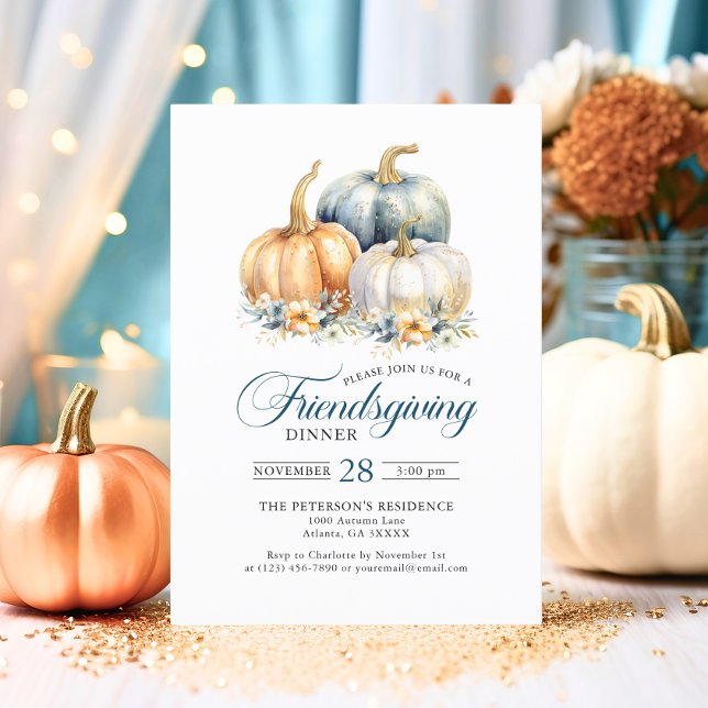 Invitación Cena amistosa Naranja azul Calabazas de oro (Friendsgiving Dinner Blue Orange Gold Pumpkins Invitation)
