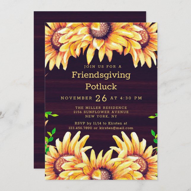 Invitación Cena amistosa Potluck Rustic Fall Sunflower (Anverso / Reverso)