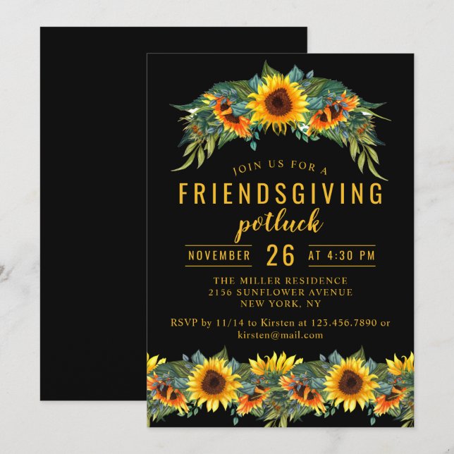 Invitación Cena amistosa Potluck Watercolor Sunflower (Anverso / Reverso)