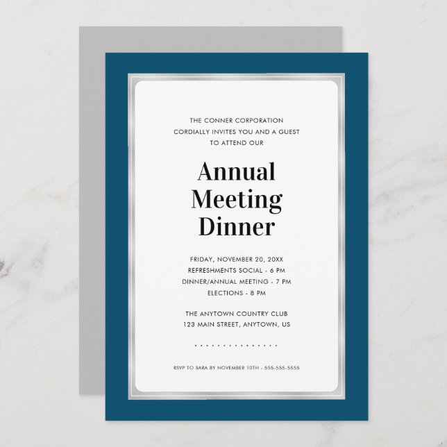 Invitación Cena anual de reuniones | Azul marino y plata (Anverso / Reverso)