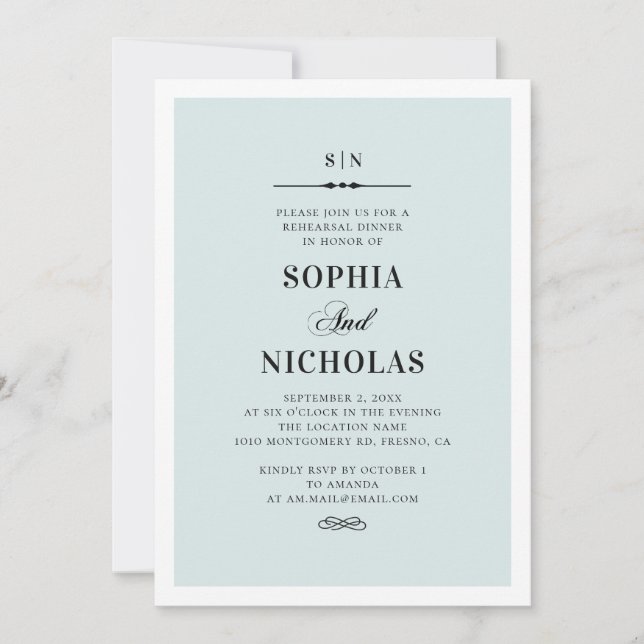 Invitación Cena azul simple de ensayo. Clásico elegante (Anverso)