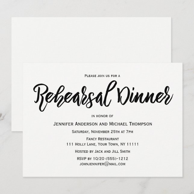 Invitación Cena blanco y negro simple del ensayo (Anverso / Reverso)