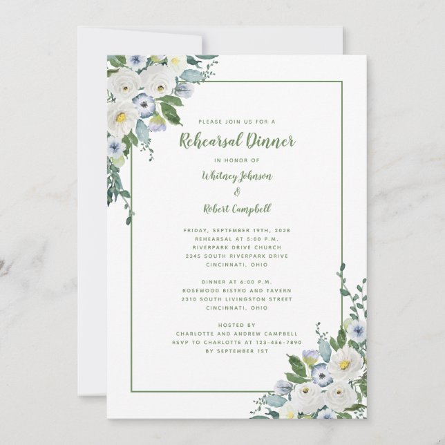 Invitación Cena boda Cena Elegante Moda verde floral (Anverso)