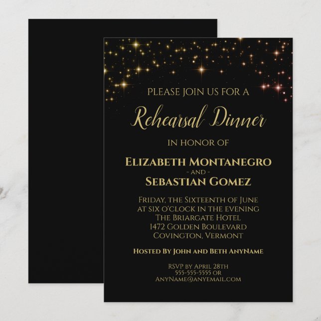 Invitación Cena Boda de estrellas de oro y espárragos (Anverso / Reverso)