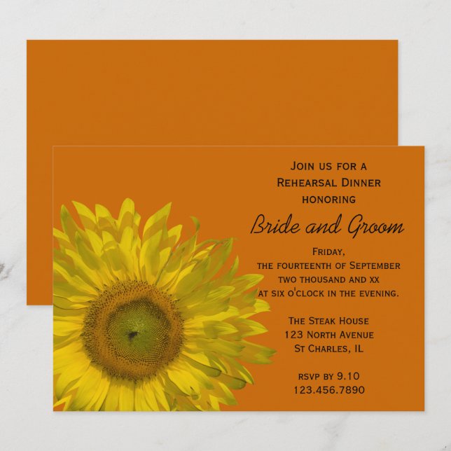 Invitación Cena Boda de girasol en Naranja (Anverso / Reverso)