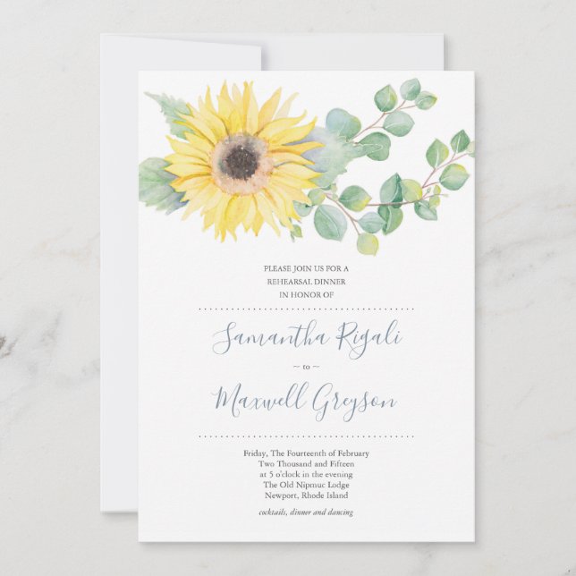 Invitación Cena Boda de girasol y eucalipto (Anverso)