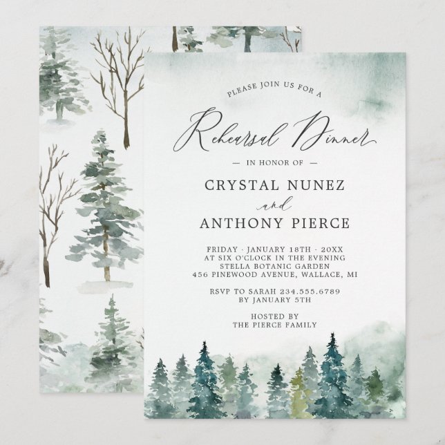 Invitación Cena Boda de los pinos de los bosques de invierno (Anverso / Reverso)