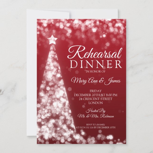 Invitación Cena Boda de Navidades rojos y plateados (Anverso)