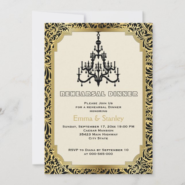 Invitación Cena boda de oro con araña Art Decó (Anverso)