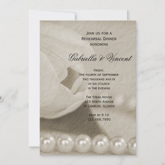 Invitación Cena Boda de Tulipanes Blancos y Perlas (Anverso)