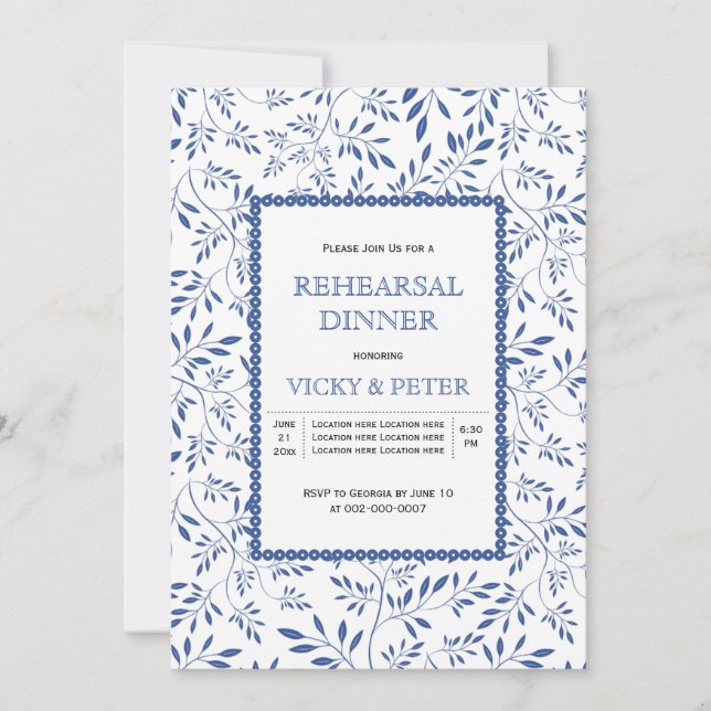 Invitación Cena boda moderna de hojas azul índigo (Anverso)