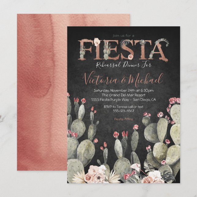 Invitación Cena Cactus Floral de Fiesta Mexicana (Anverso / Reverso)