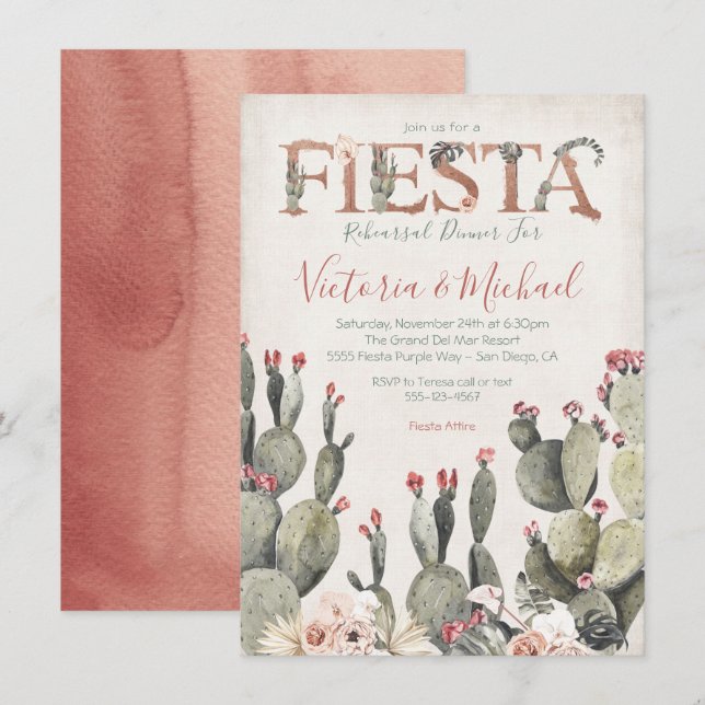 Invitación Cena Cactus Floral de Fiesta Mexicana (Anverso / Reverso)