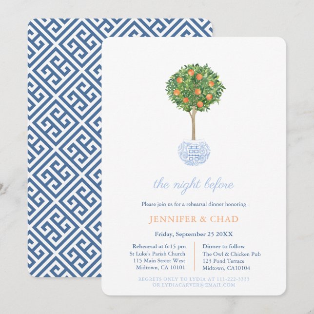 Invitación Cena clásica azul y Boda Naranja (Anverso / Reverso)