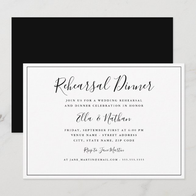 Invitación Cena clásica de Boda blanco negro (Anverso / Reverso)