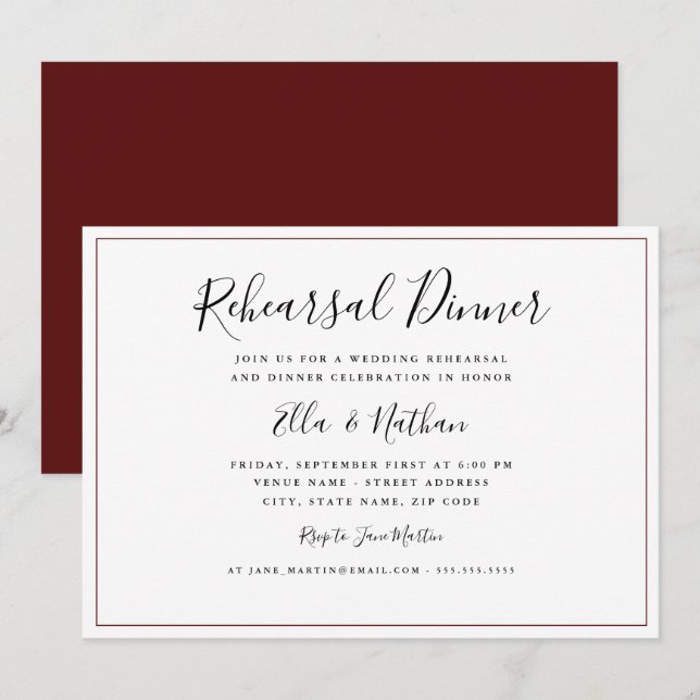 Invitación Cena Clásica de Ensayo de Boda Borgoña (Anverso / Reverso)