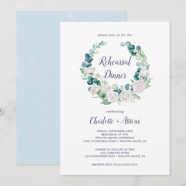 Invitación Cena clásica de flores blancas (Anverso / Reverso)