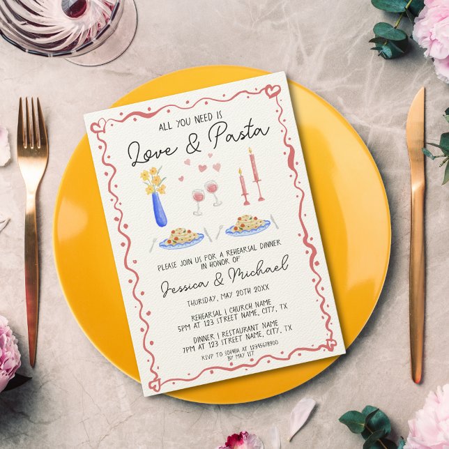 Invitación Cena con amor a mano y pasta italiana de ensayo (whimsical colorful watercolor italian dinner pasta, wine, candles, flowers.... rehersal dinner invit)