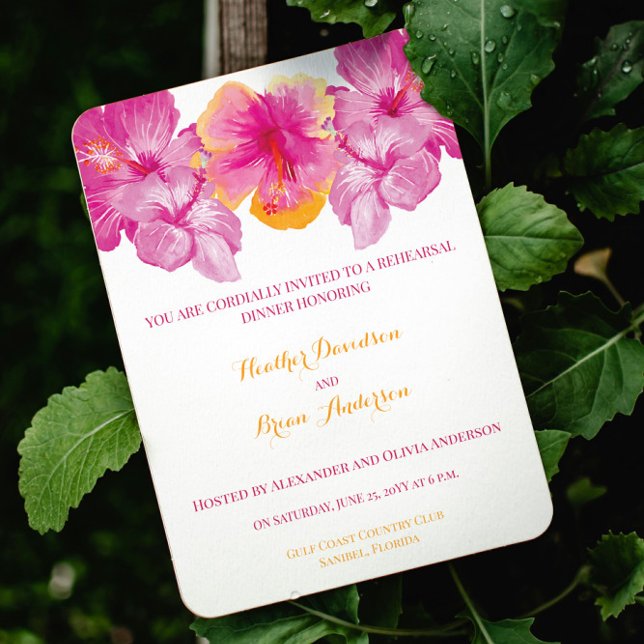 Invitación Cena con Boda floral de Hibiscus cepillado (Brushed Hibiscus Floral Wedding Rehearsal Dinner Invitation)