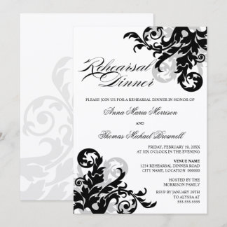 Invitación Cena con Ensayo de Flourisal en negro y plata