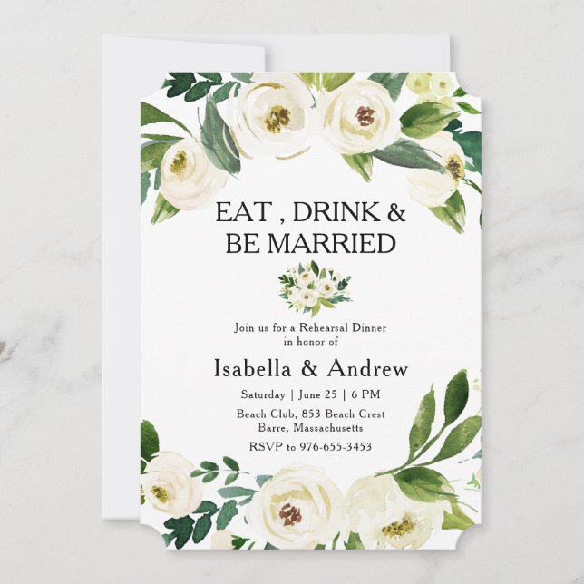 Invitación Cena con ensayo de vegetación floral blanca (Anverso)