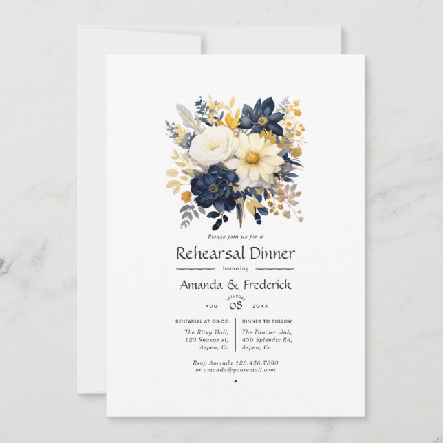 Invitación Cena con flores de oro, blanco y marina (Anverso)