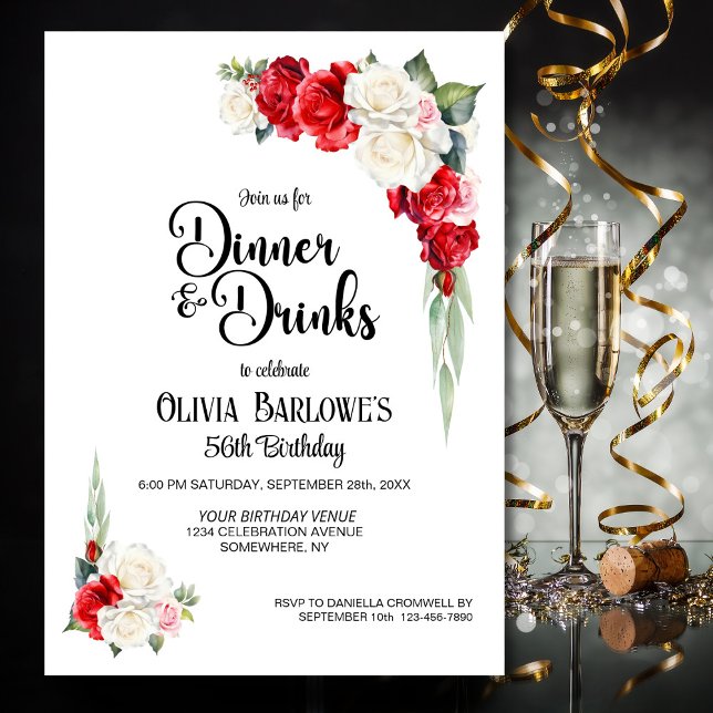 Invitación Cena con flores de rosa blanca roja y cumpleaños d (Subido por el creador)