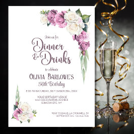 Invitación Cena con flores de rosa blanca y bebidas Cumpleaño