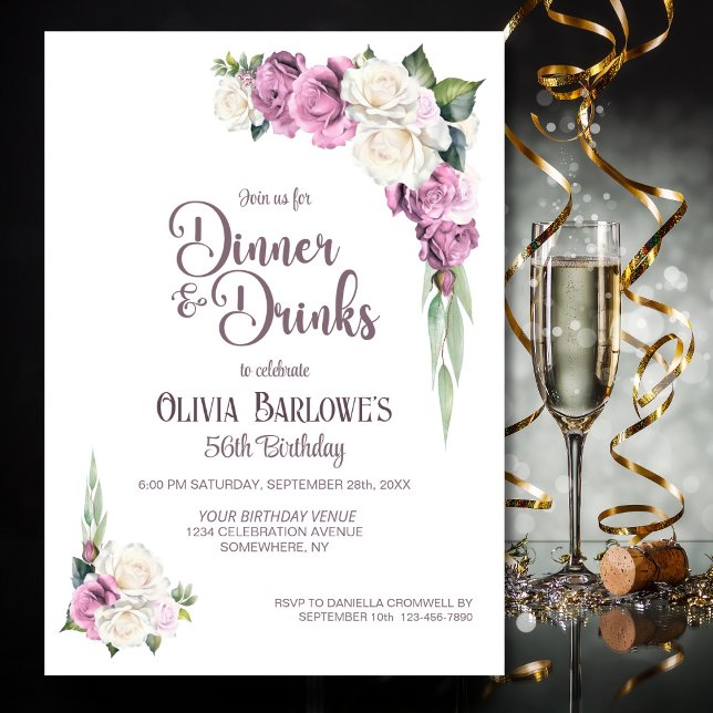 Invitación Cena con flores de rosa blanca y bebidas Cumpleaño (Subido por el creador)