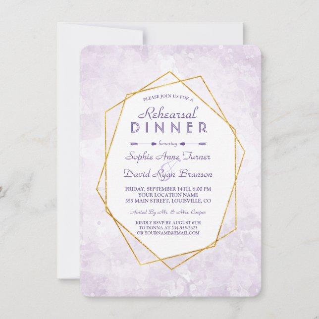 Invitación Cena con lavanda de diamante geométrico de oro (Anverso)