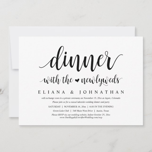 Invitación Cena con los recién casados, Boda Elopement (Anverso)