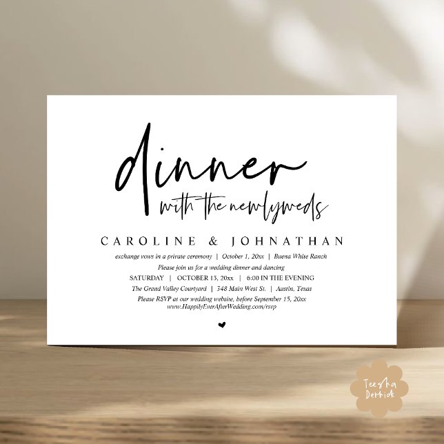 Invitación Cena con los recién casados, Fiesta del Elopement  (Dinner with the Newlyweds, Modern Wedding Elopement Party Invitation Card PDF Black White)