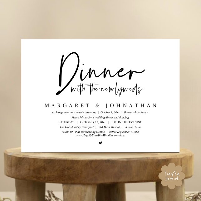 Invitación Cena con los recién casados, Fiesta del Elopement  (Dinner with the Newlyweds, Modern Wedding Elopement Party Invitation Card PDF Black White)