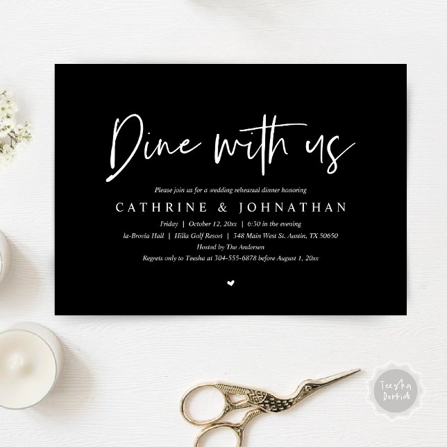 Invitación Cena con nosotros, Boda Ensayo Cena (Dine with us, Modern Wedding Rehearsal Dinner Party Invitation Card, PDF, in Elegant Black)
