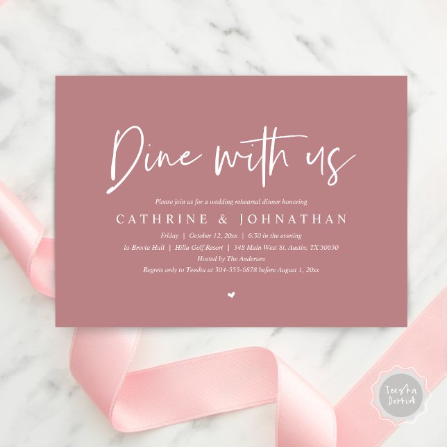 Invitación Cena con nosotros, Boda Ensayo Cena (Dine with us, Modern Wedding Rehearsal Dinner Party Invitation Card, PDF, in Dusty Rose Pink)