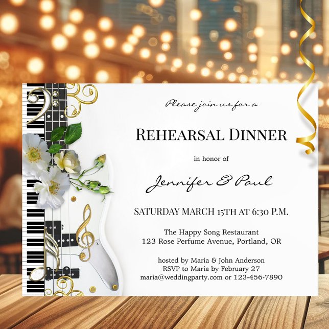 Invitación Cena con temas de música elegante (Rehearsal dinner invitation with a music theme with guitar, keyboard, gold stylized musical notes)