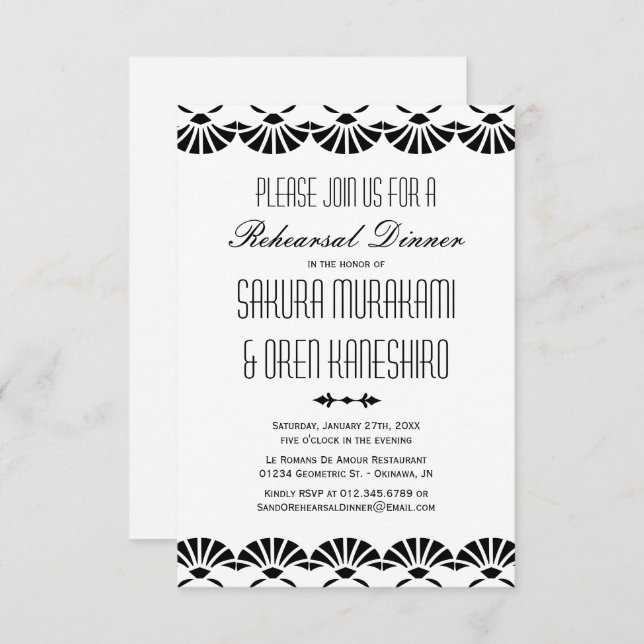 Invitación Cena con un estilo Art Déco Blanco Oriental (Anverso / Reverso)