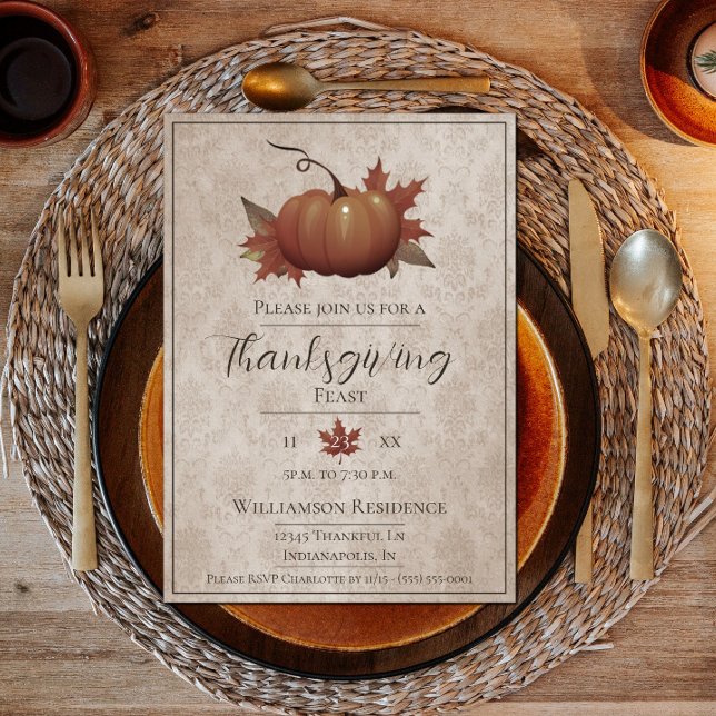 Invitación Cena Damask de la Calabaza de Acción de Gracias |  (Thanksgiving Pumpkin Damask Dinner Invite)