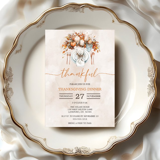 Invitación Cena de Acción de Gracias (Formal Thankful Watercolor Thanksgiving Dinner Invitation)