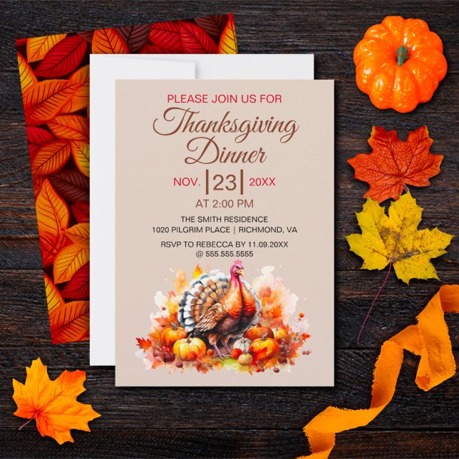 Invitación Cena de Acción de Gracias acuarela Turquía, calaba (Subido por el creador)