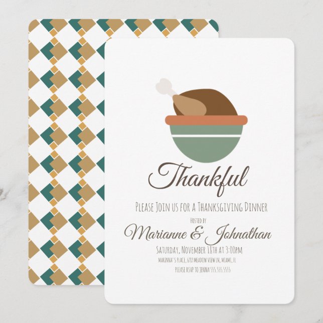 Invitación Cena de Acción de Gracias agradecida Tazón de Pavo (Anverso / Reverso)