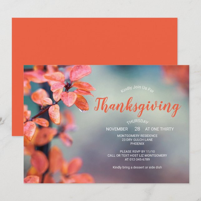 Invitación Cena de Acción de Gracias Auburn Autumn Leaves (Anverso / Reverso)