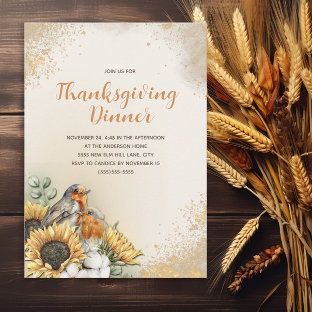 Invitación Cena de Acción de Gracias Aves de Otoño Sunflowers (Sunflowers and bird Thanksgiving Dinner invitation)