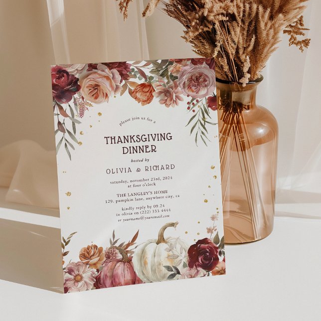 Invitación Cena de Acción de Gracias Boho Pumpkin Otoño Flora (Subido por el creador)