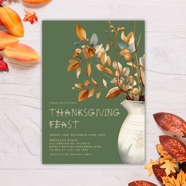 Invitación Cena de Acción de Gracias Cae Oliva Verde Amistad (Thanksgiving Dinner Fall Olive Green Friendsgiving Invitation)