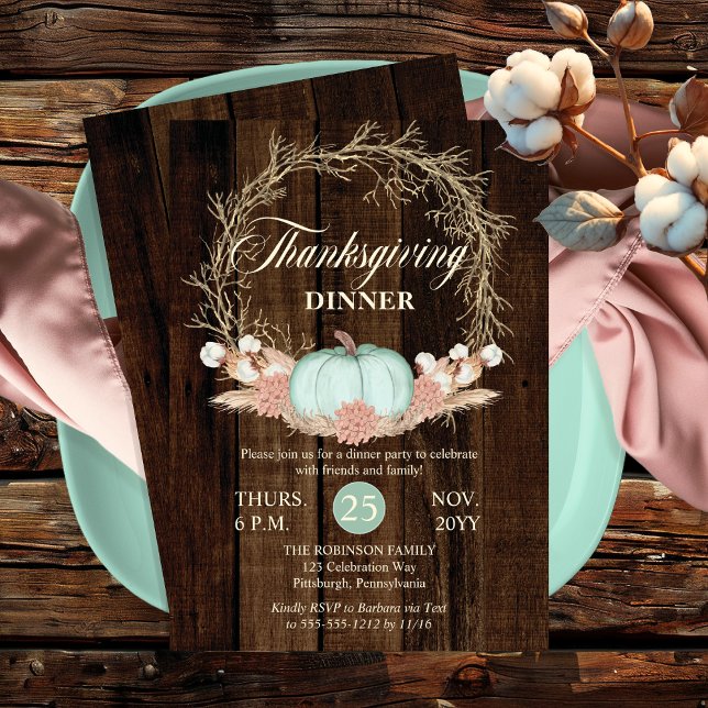 Invitación Cena de Acción de Gracias Calabaza Rustica Calabaz (Thanksgiving Dinner Rustic Pumpkin Pampas Wreath Pink | Mint Pastels Invitation)