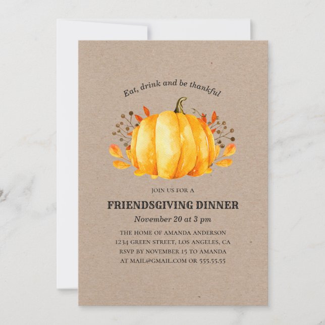 Invitación Cena de Acción de Gracias. Calabaza rústica y agra (Anverso)