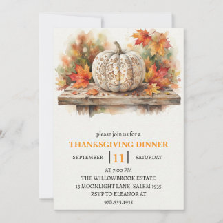 Invitación Cena de Acción de Gracias Calabaza y Hojas de Otoñ
